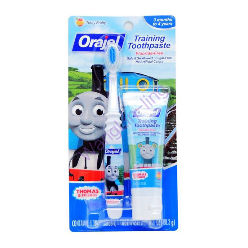 美国 Orajel 欧乐 儿童无氟可吞咽牙膏牙刷套装  小老虎丹尼尔 28.3g 1-4岁
